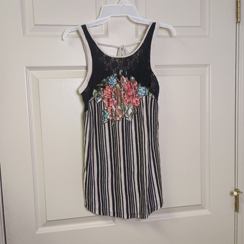 Free People Womens Tank Top Size XS Black striped Lace Floral Tie Back Boho Y2K